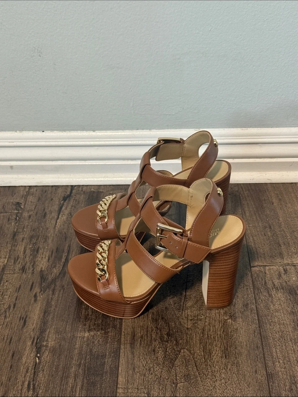Michael Kors Brown Platform Block Heel Sandals with Gold Chain